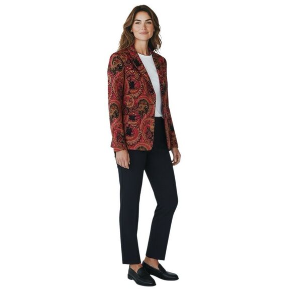 TAHARI Women’s Blazer Size 14 Red Paisley Cotton Stretch Fully Lined Jacket Work - Picture 12 of 14